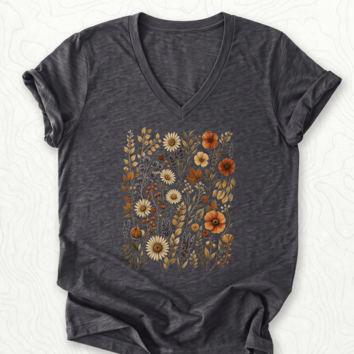 Autumn Wildflowers V-Neck - Dark Grey Heather