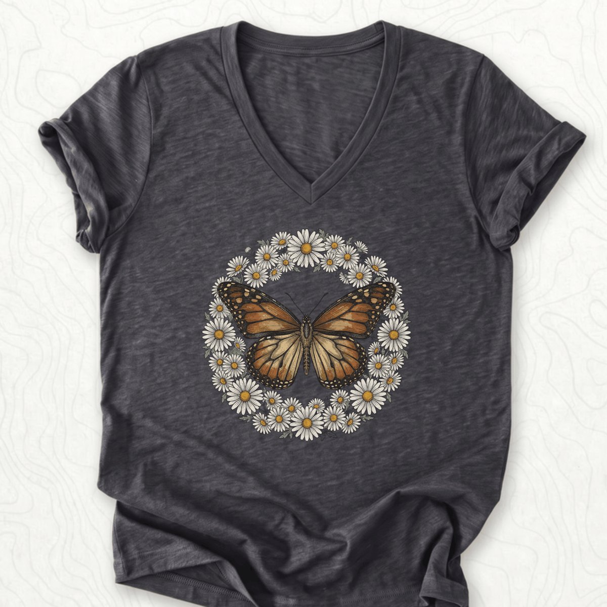 Butterfly Daisy Wreath V-Neck - Dark Grey Heather