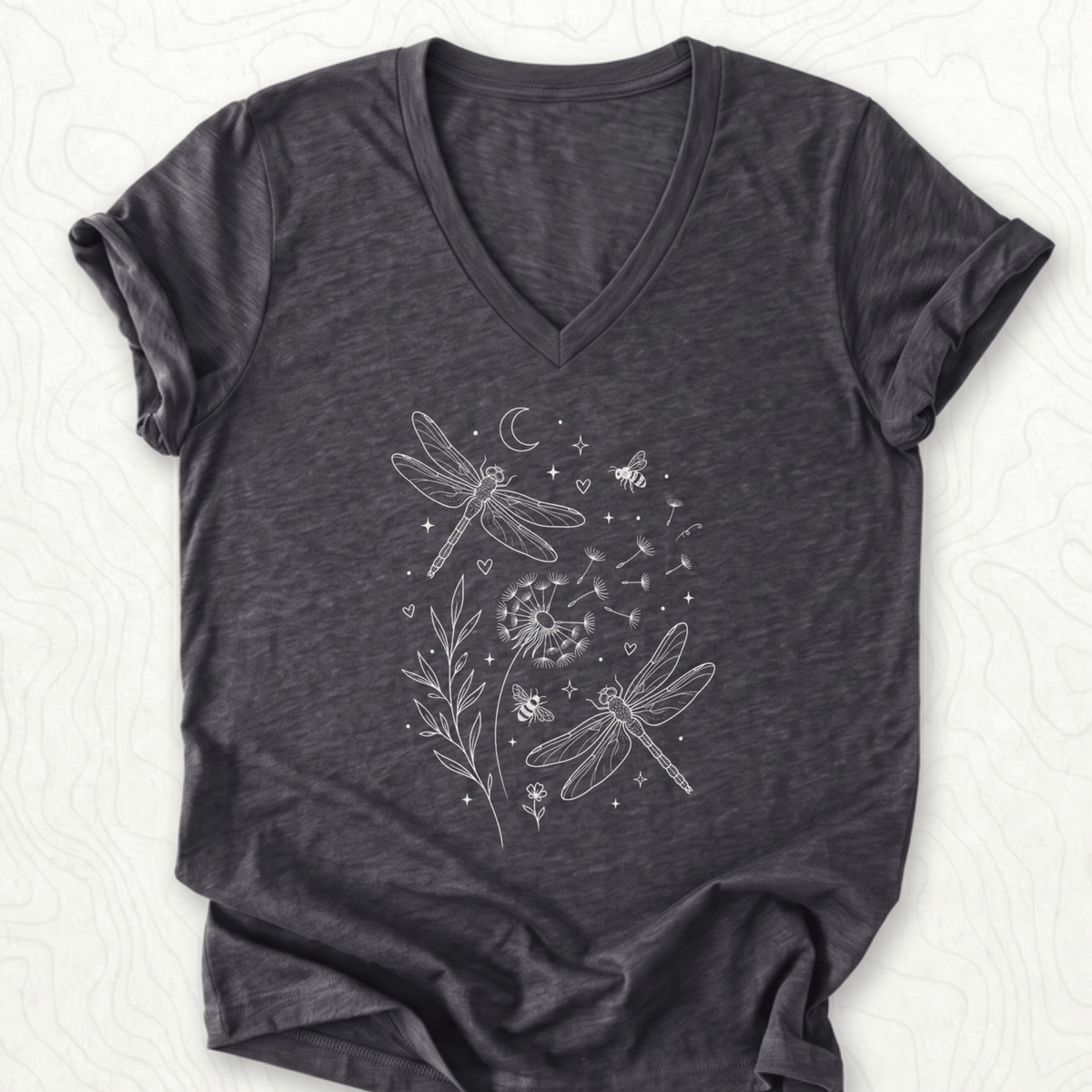 Dragonfly Dandelion V-Neck - Dark Grey Heather