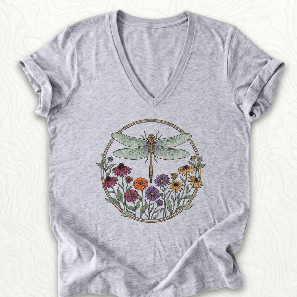 Dragonfly Wildflowers V-Neck - Athletic Heather