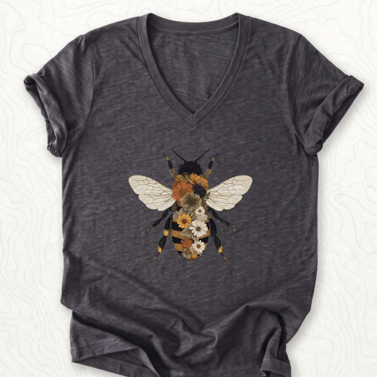 Floral Bee V-Neck - Dark Grey Heather