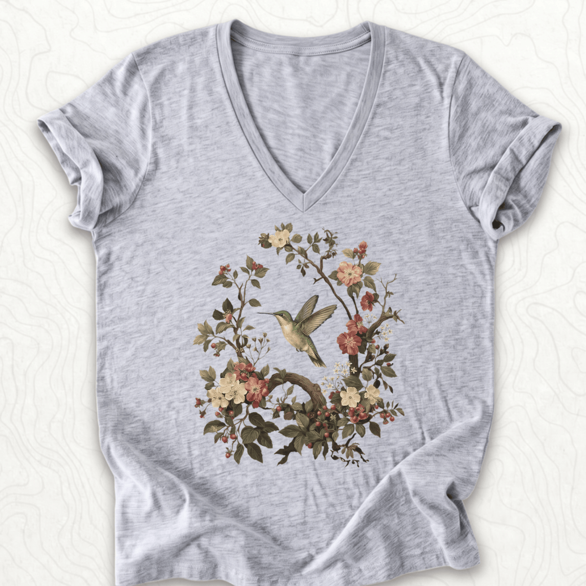 Floral Hummingbird V-Neck - Athletic Heather