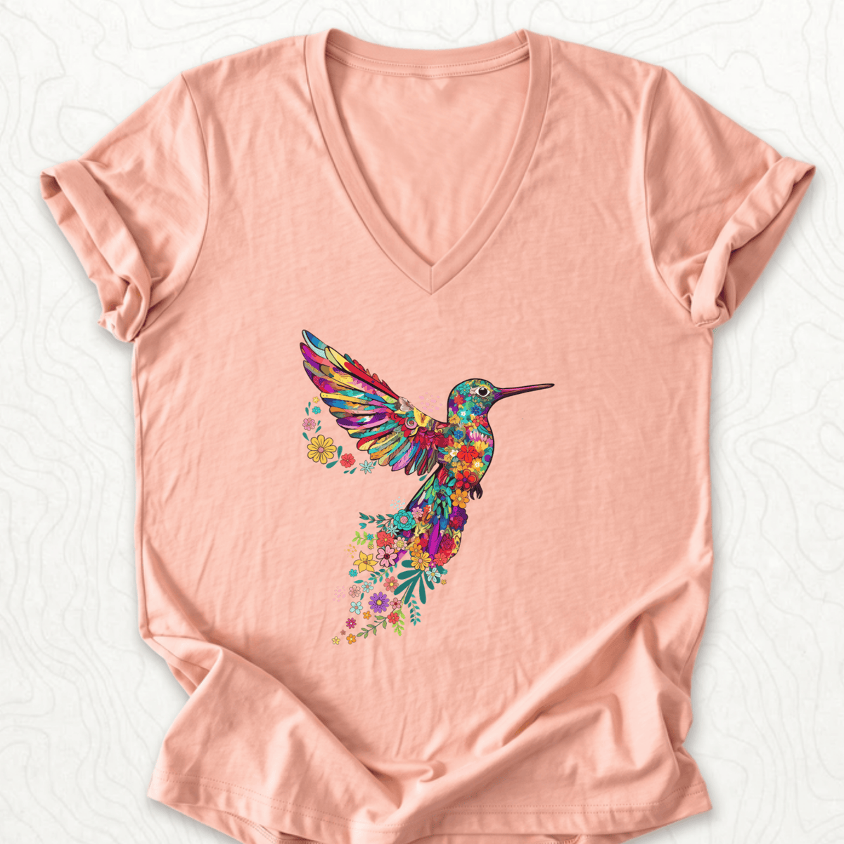 Floral Hummingbird V-Neck - Heather Peach