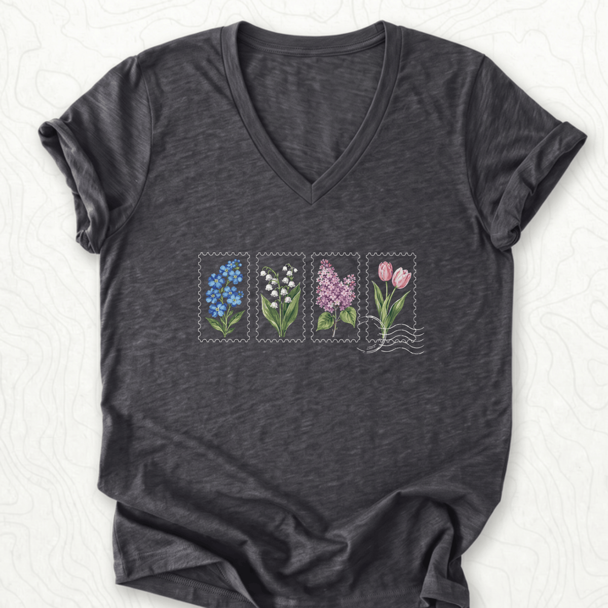 Floral Postage Stamps V-Neck - Dark Grey Heather