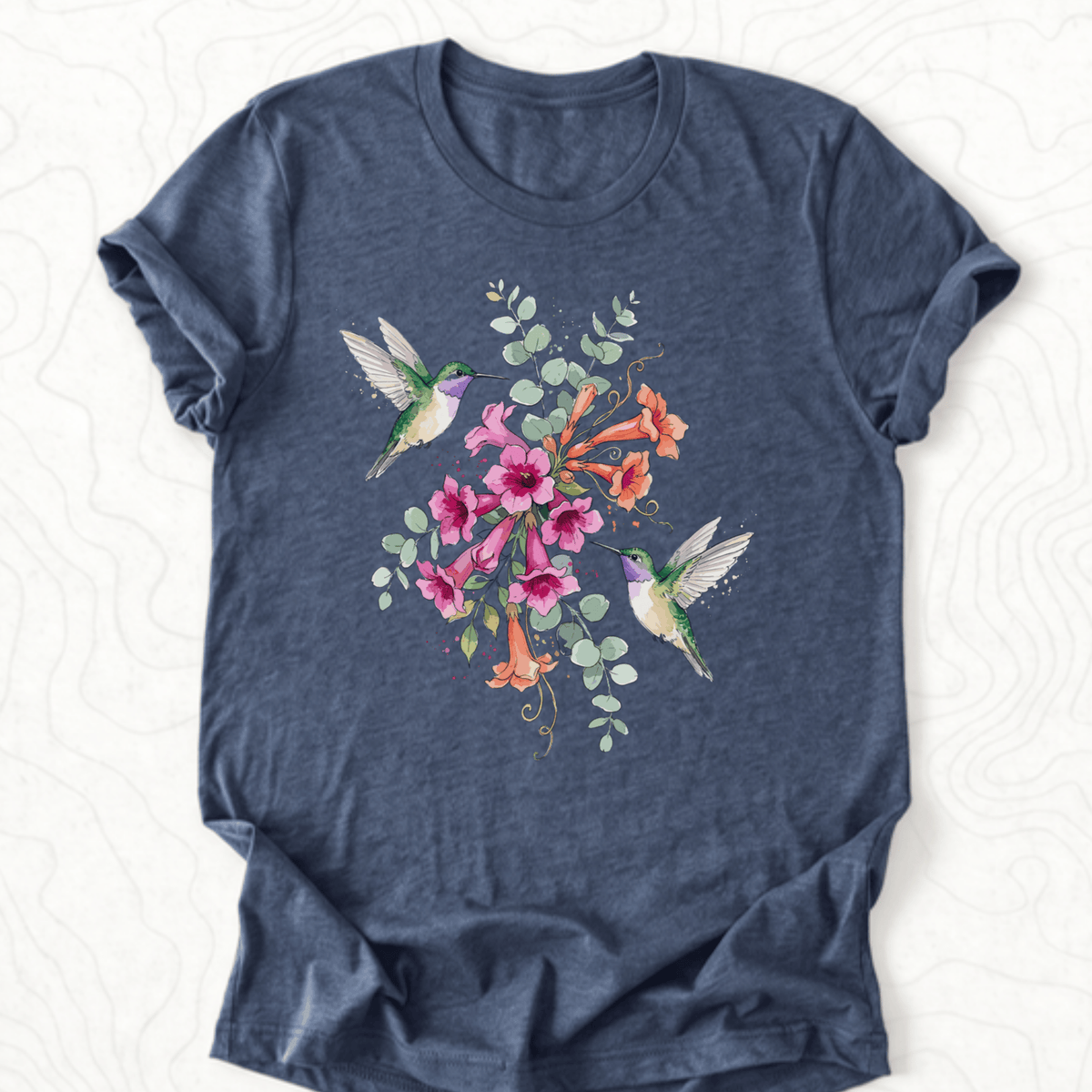 Hummingbird Bouquet Tee - Heather Navy