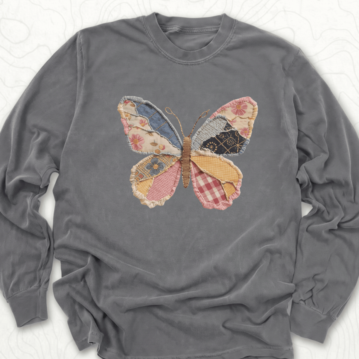 Faux Patchwork Butterfly LS T-shirt - Pepper