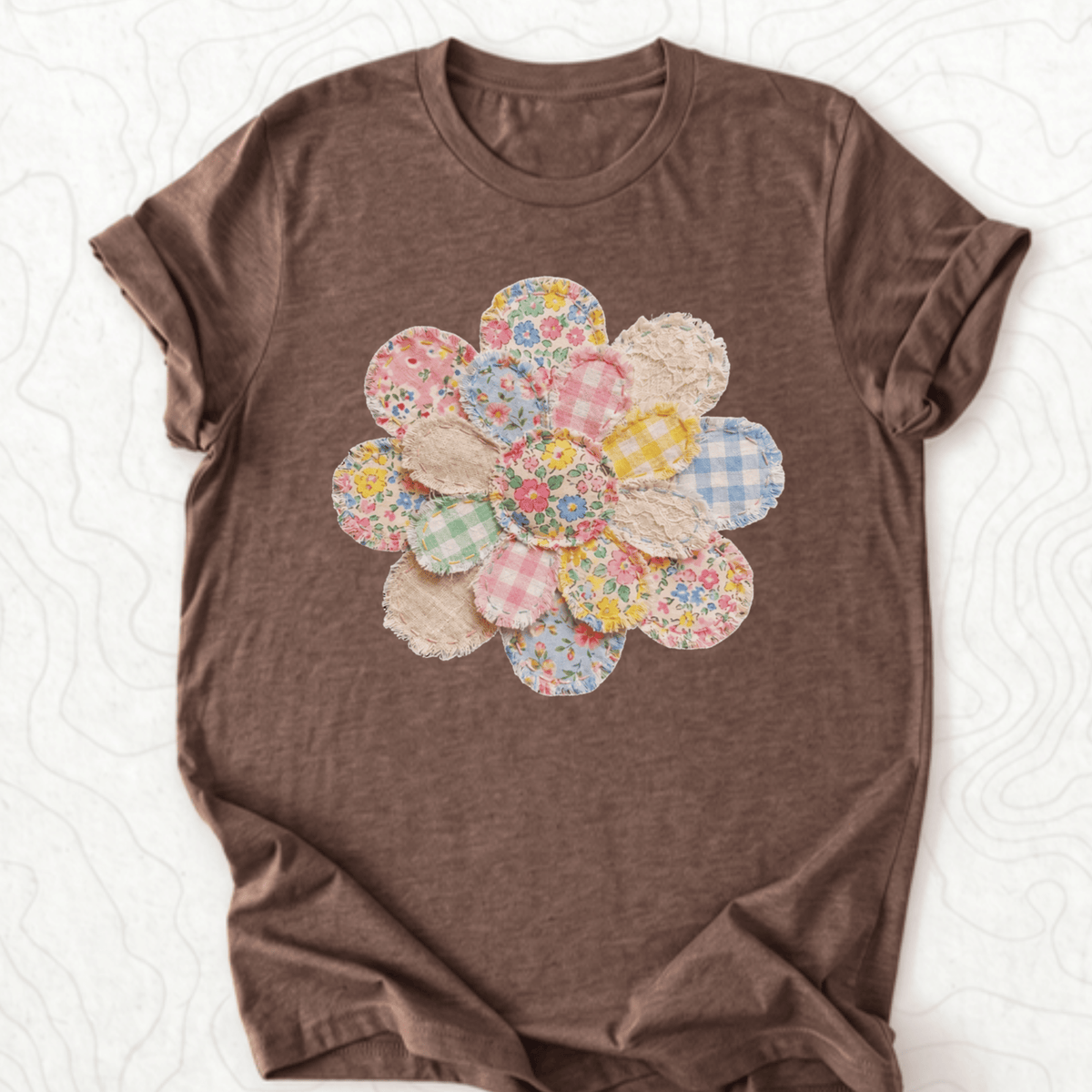 Faux Patchwork Flower Tee - Heather Brown