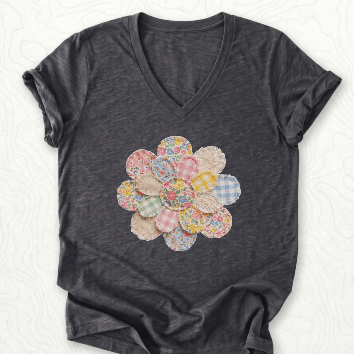 Faux Patchwork Flower V-Neck - Dark Grey Heather