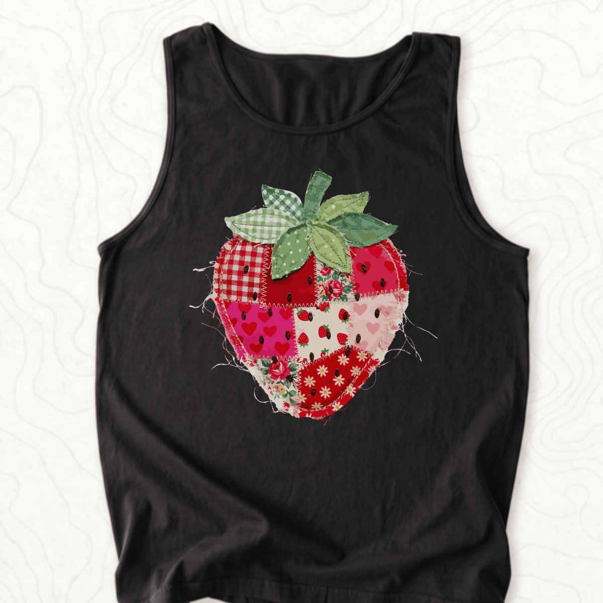 Faux Patchwork Strawberry Tank Top - Black