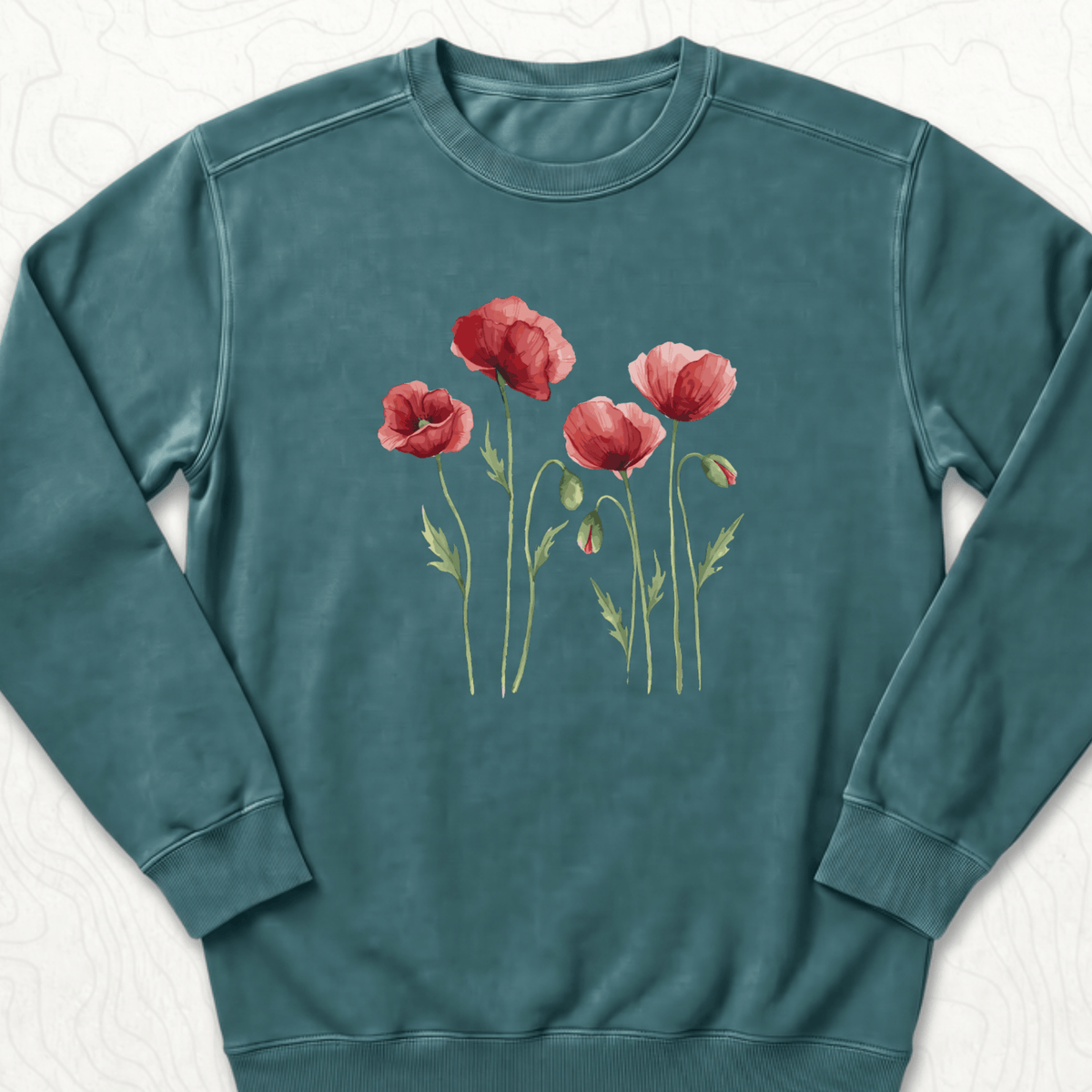 Red Poppies Sweatshirt - Blue Spruce