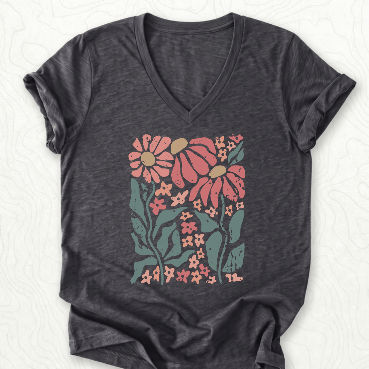 Retro Floral V-Neck - Dark Grey Heather
