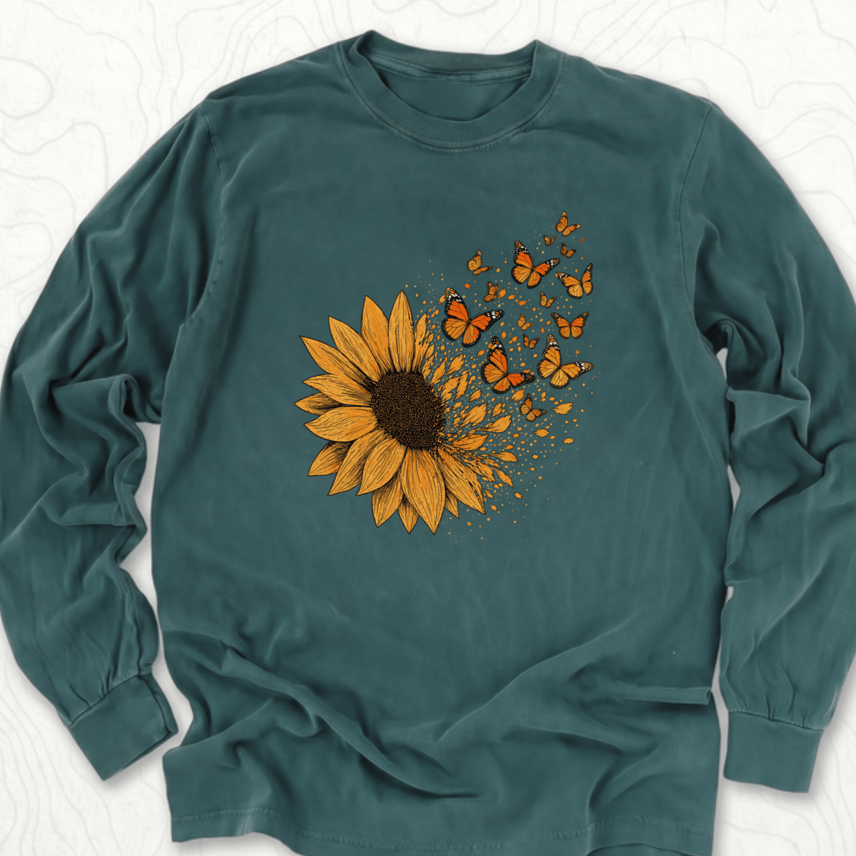 Sunflower Butterflies LS T-shirt - Blue Spruce
