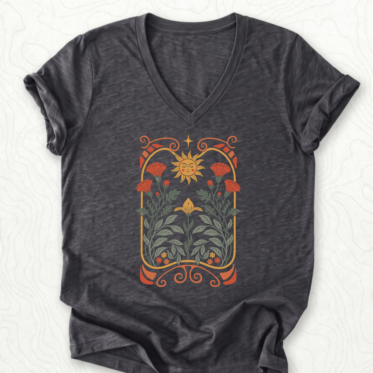 Sunflower Floral V-Neck - Dark Grey Heather