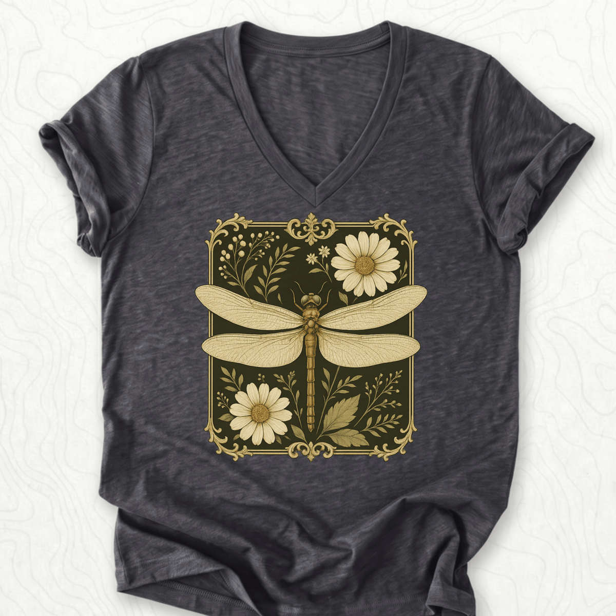 Vintage Dragonfly V-Neck - Dark Grey Heather