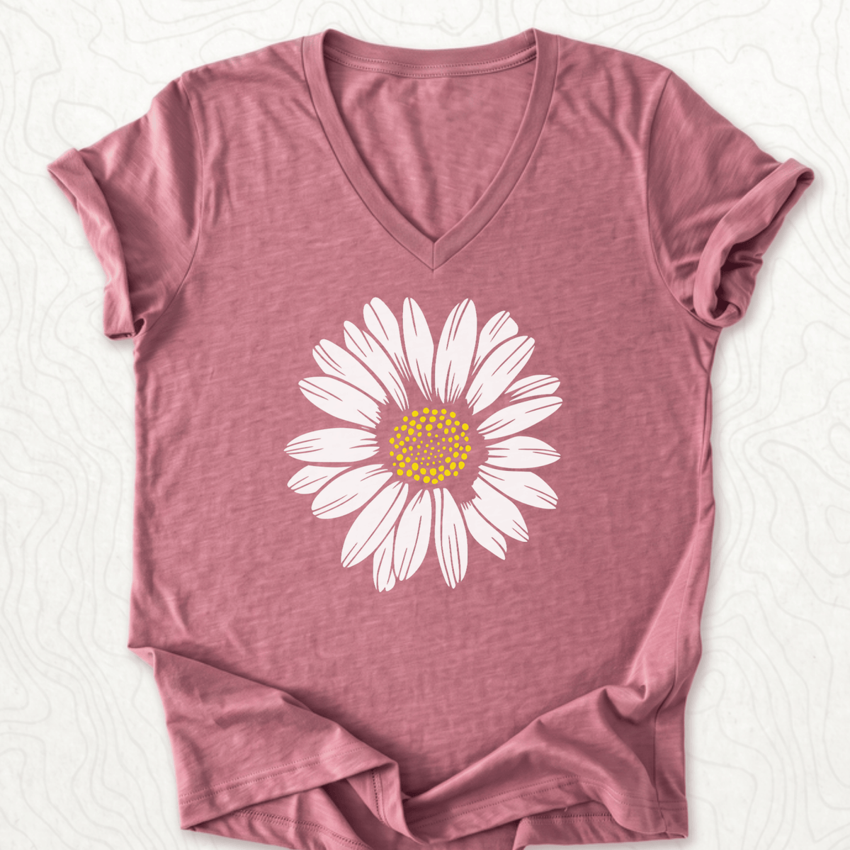 White Daisy V-Neck - Heather Mauve