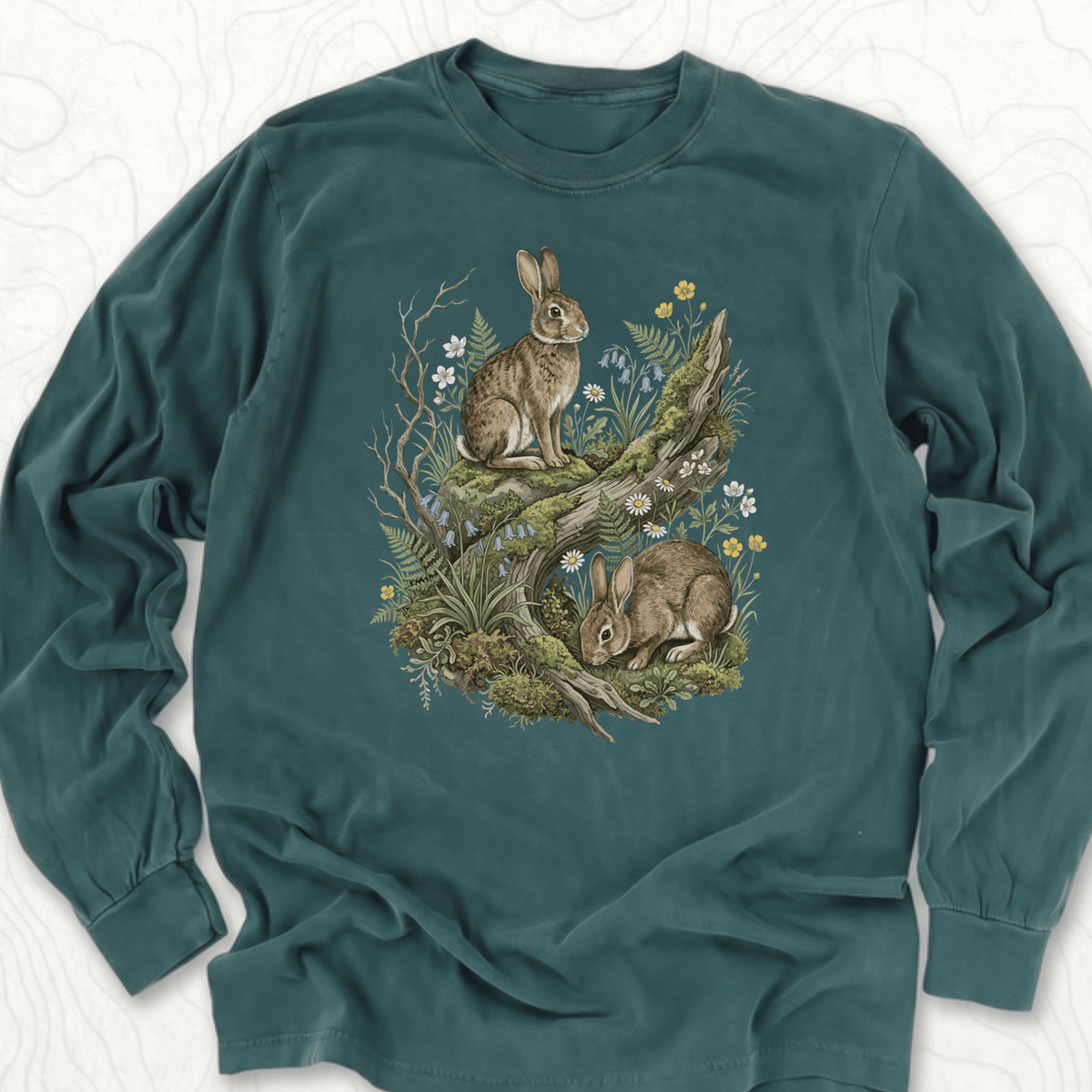 Woodland Rabbits LS T-shirt - Blue Spruce