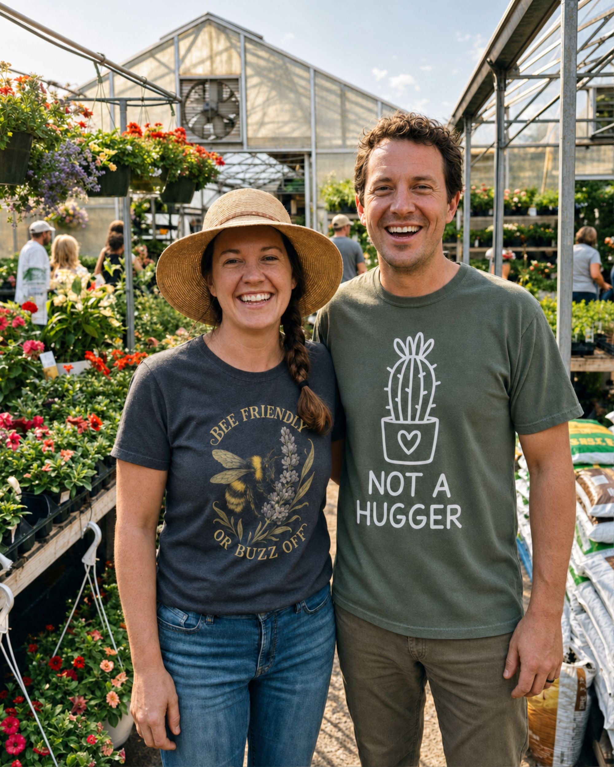 Two people standing in a greenhouse, one wearing a 'Bee Friendly or Buzz Off' shirt and the other wearing a 'Not a Hugger' shirt.