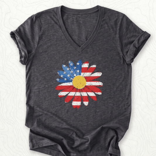 American Flag Daisy V-Neck - Dark Grey Heather