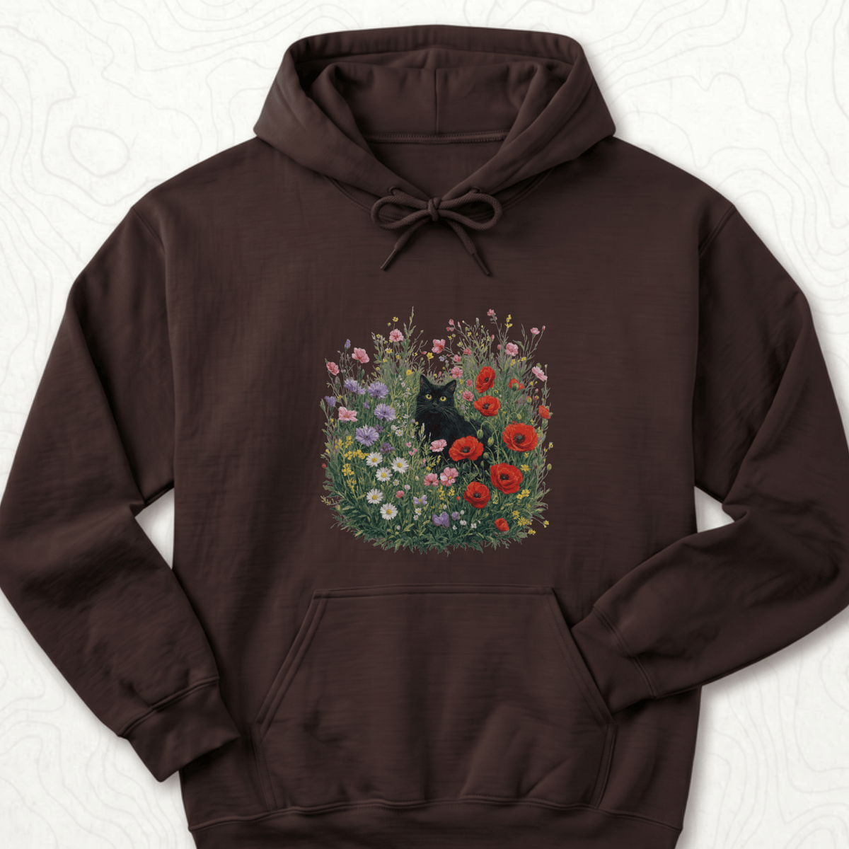 Black Cat Flowers Hoodie - Dark Chocolate