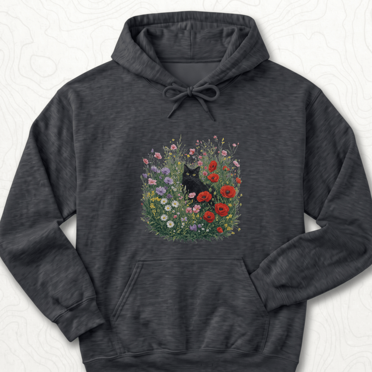 Black Cat Flowers Hoodie - Dark Heather