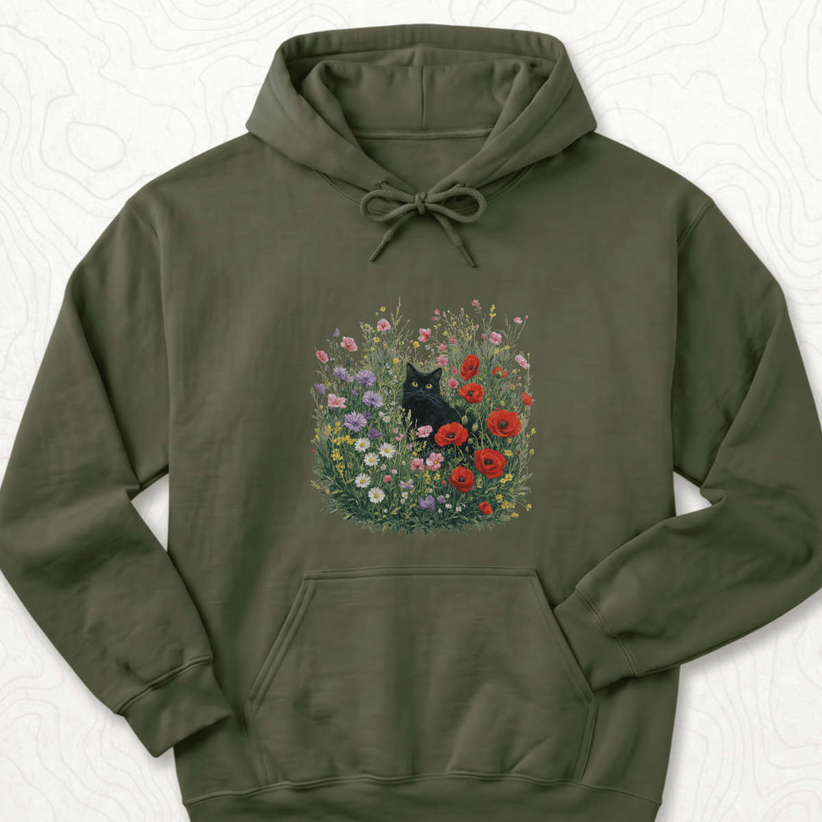 Black Cat Flowers Hoodie - Military Green
