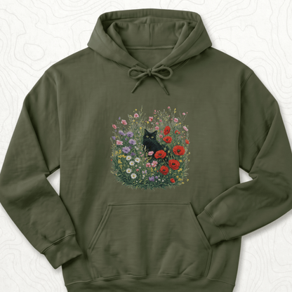 Black Cat Flowers Hoodie - Military Green