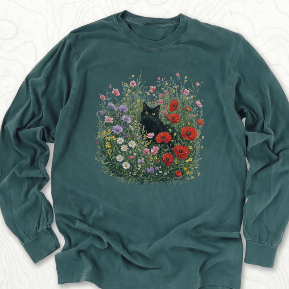 Black Cat Flowers LS T-shirt - Blue Spruce