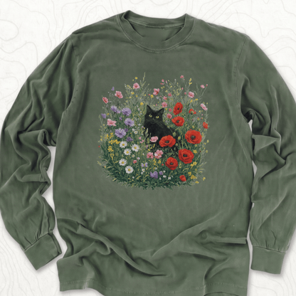 Black Cat Flowers LS T-shirt - Hemp