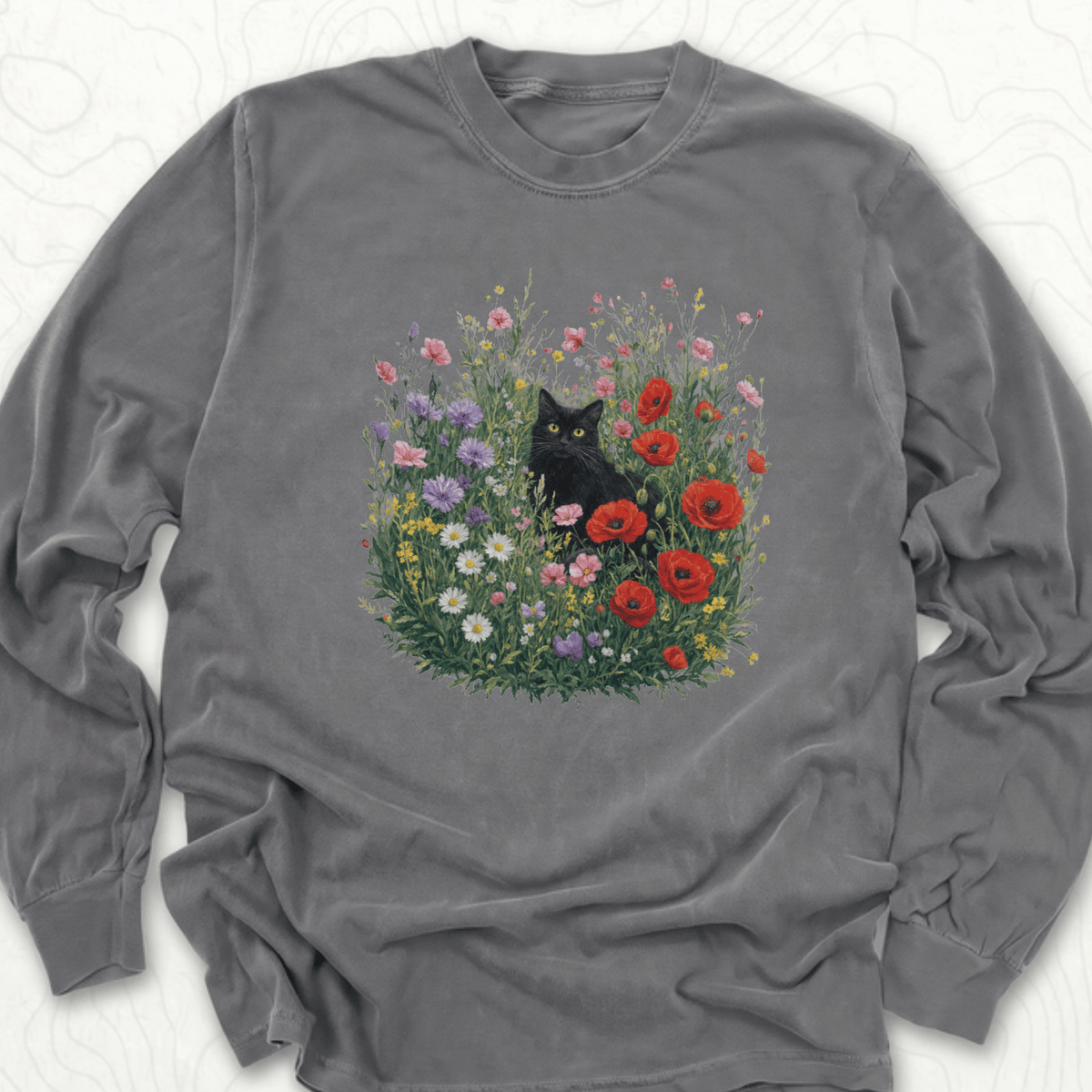 Black Cat Flowers LS T-shirt - Pepper