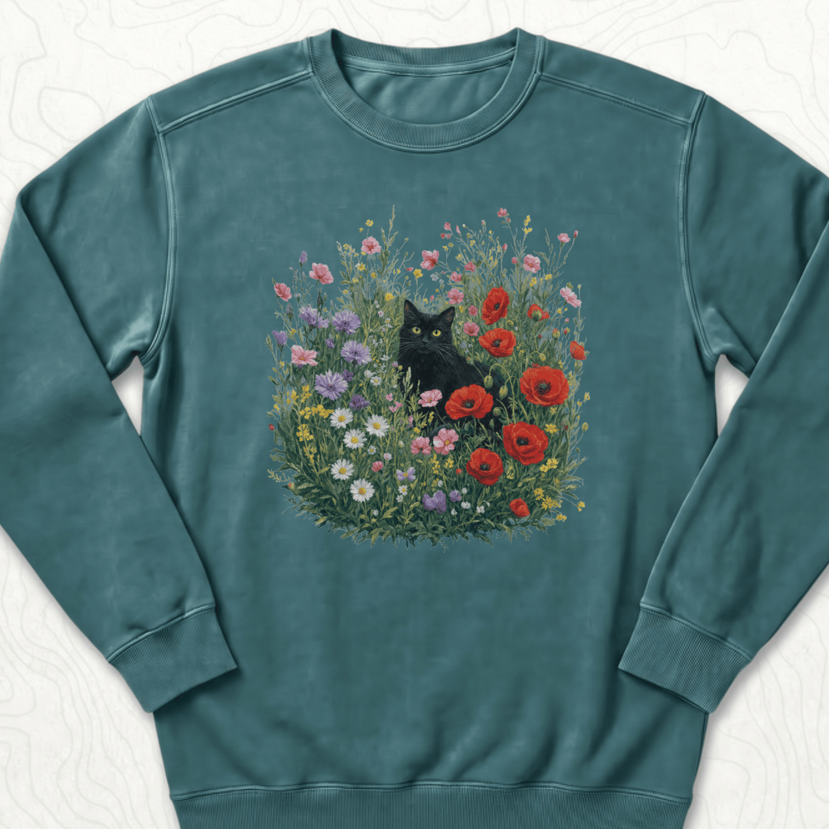 Black Cat Flowers Sweatshirt - Blue Spruce
