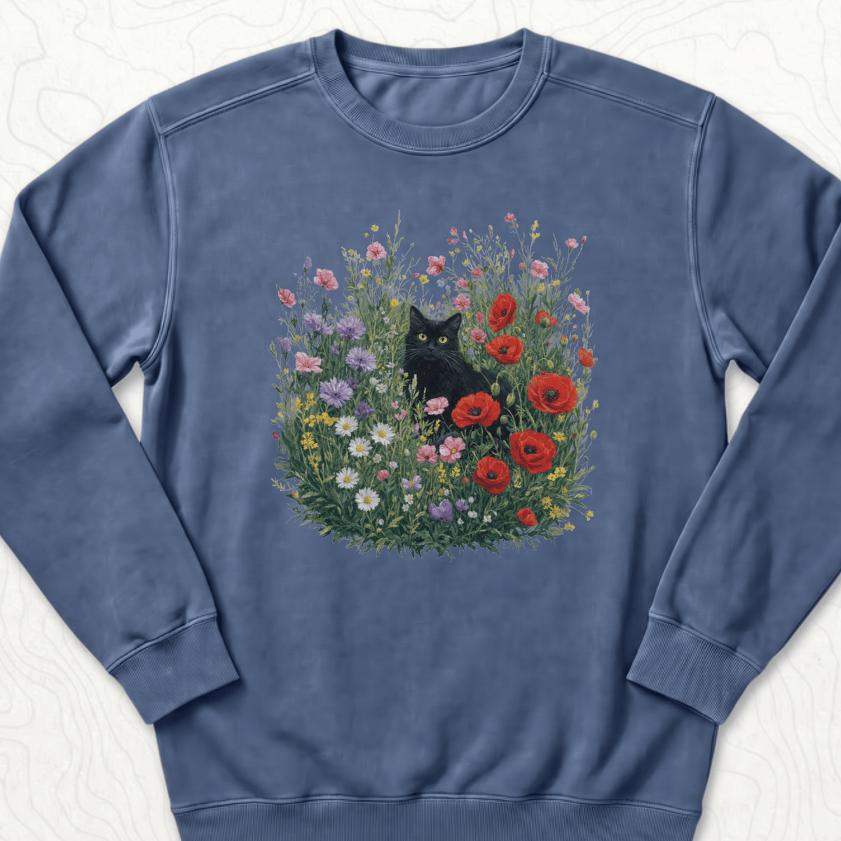 Black Cat Flowers Sweatshirt - Denim