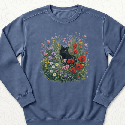 Black Cat Flowers Sweatshirt - Denim