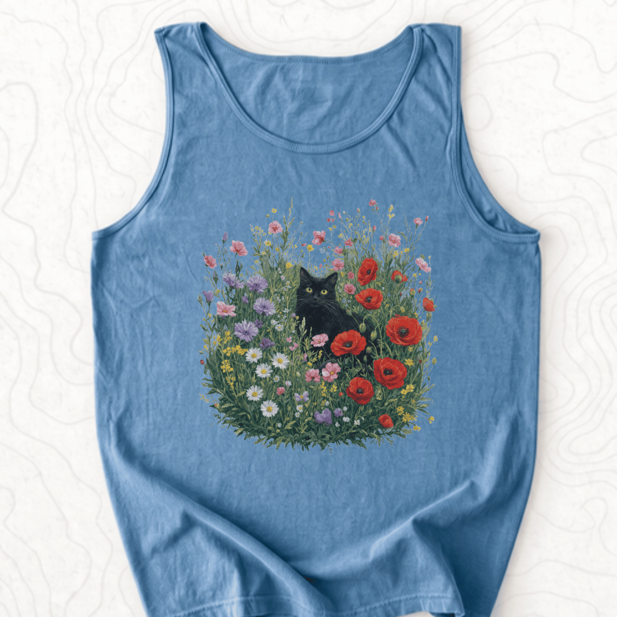 Black Cat Flowers Tank Top - Blue Jean