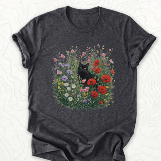 Black Cat Flowers Tee - Dark Grey Heather