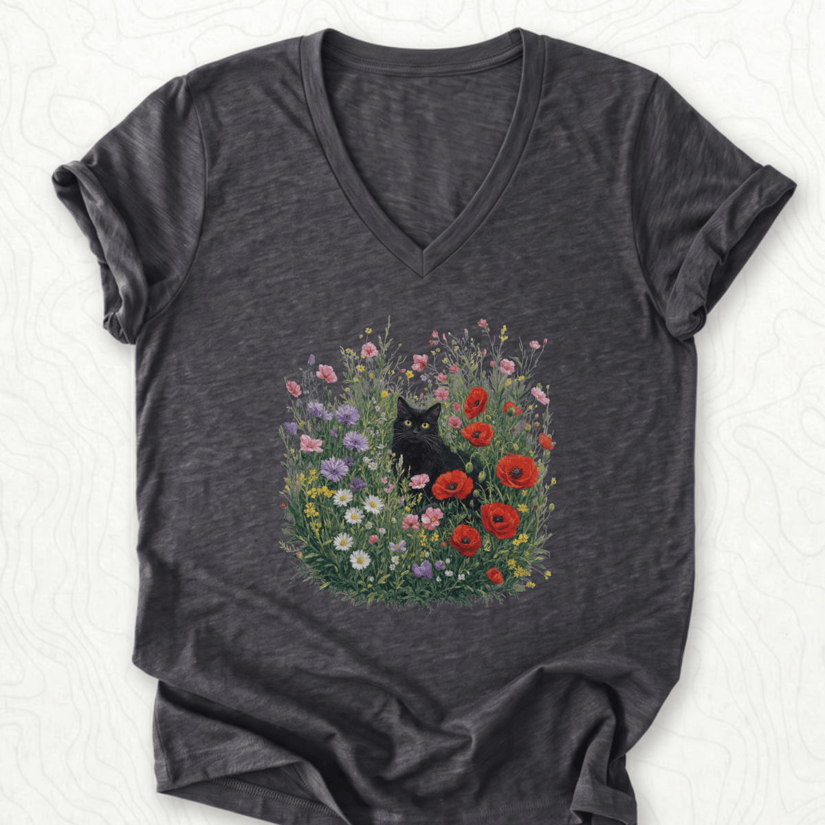 Black Cat Flowers V-Neck - Dark Grey Heather
