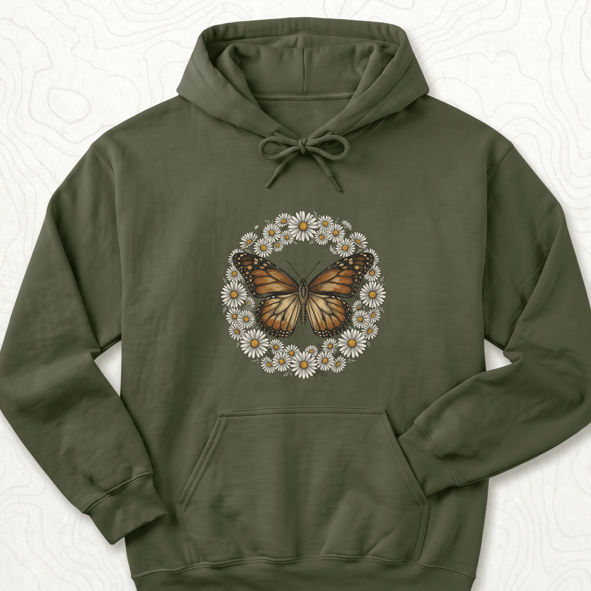 Butterfly Daisy Wreath Hoodie - Military Green