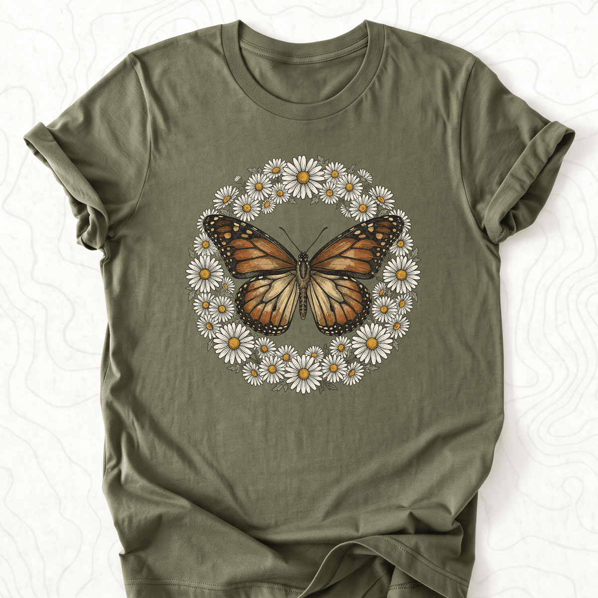 Butterfly Daisy Wreath Tee - Military Green