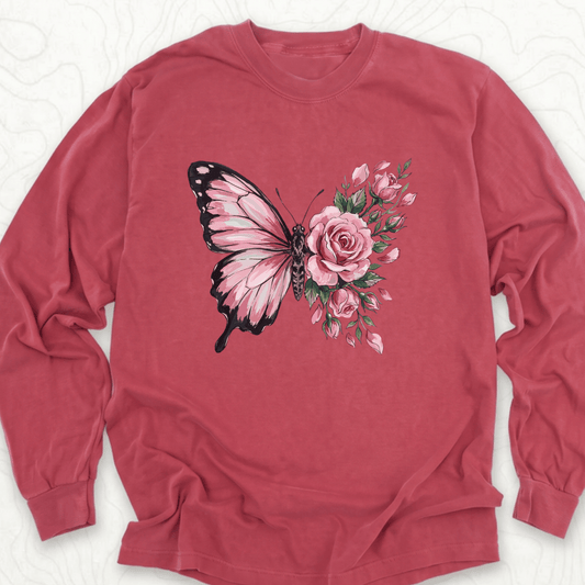 Butterfly Rose LS T-shirt - Crimson
