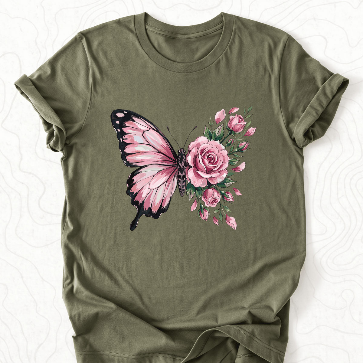 Butterfly Rose Tee - Military Green