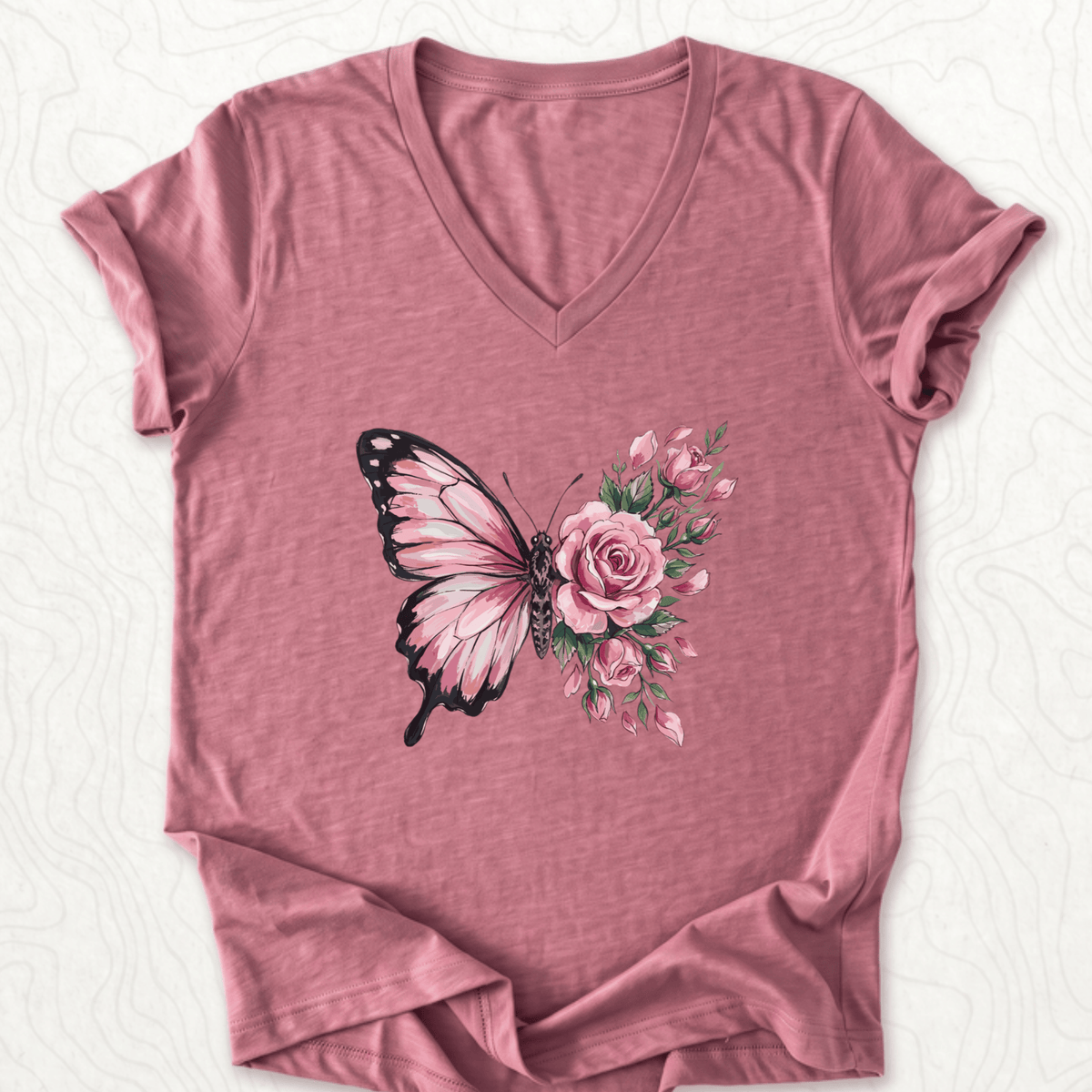 Butterfly Rose V-Neck - Heather Mauve