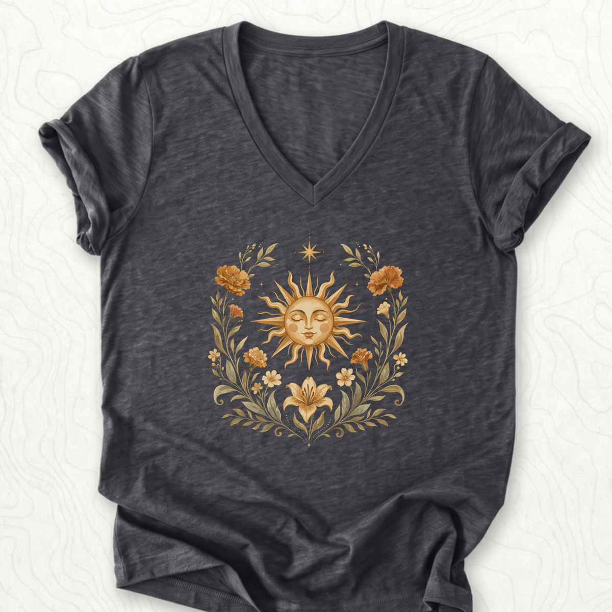 Celestial Sunflower V-Neck - Dark Grey Heather