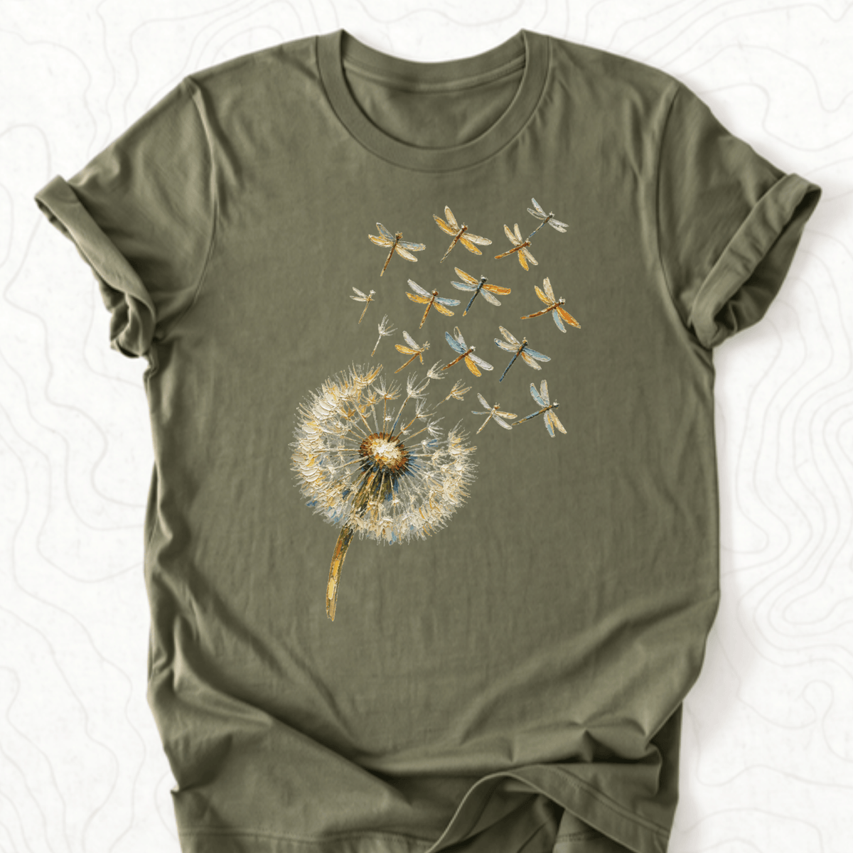 Dandelion Dragonflies Tee - Military Green