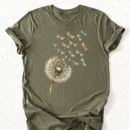Dandelion Dragonflies Tee - Military Green