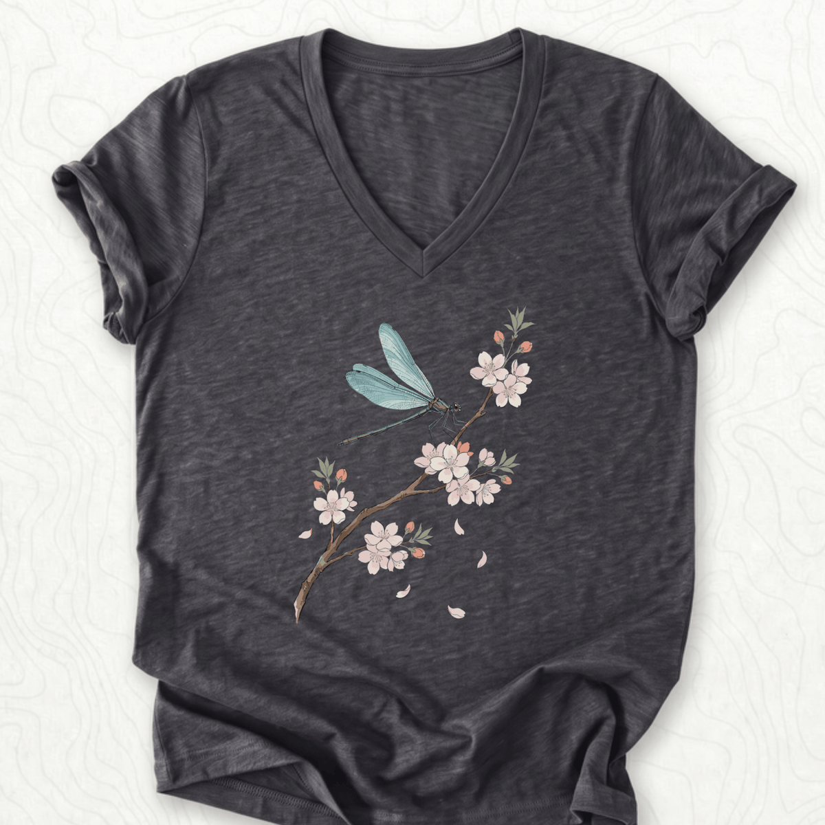 Dragonfly Blossom V-Neck - Dark Grey Heather