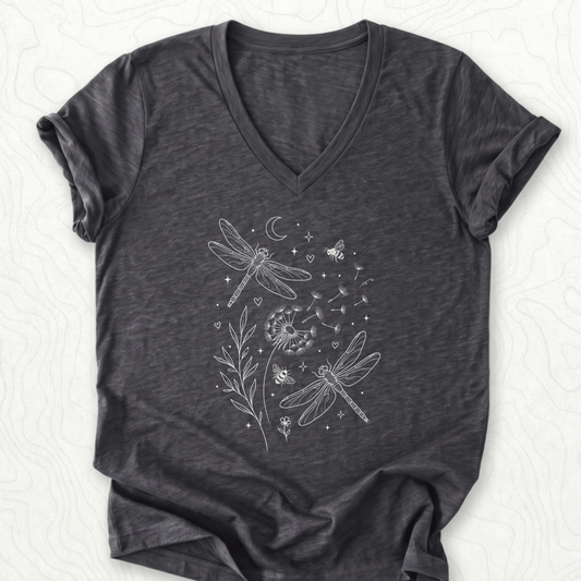 Dragonfly Dandelion V-Neck - Dark Grey Heather