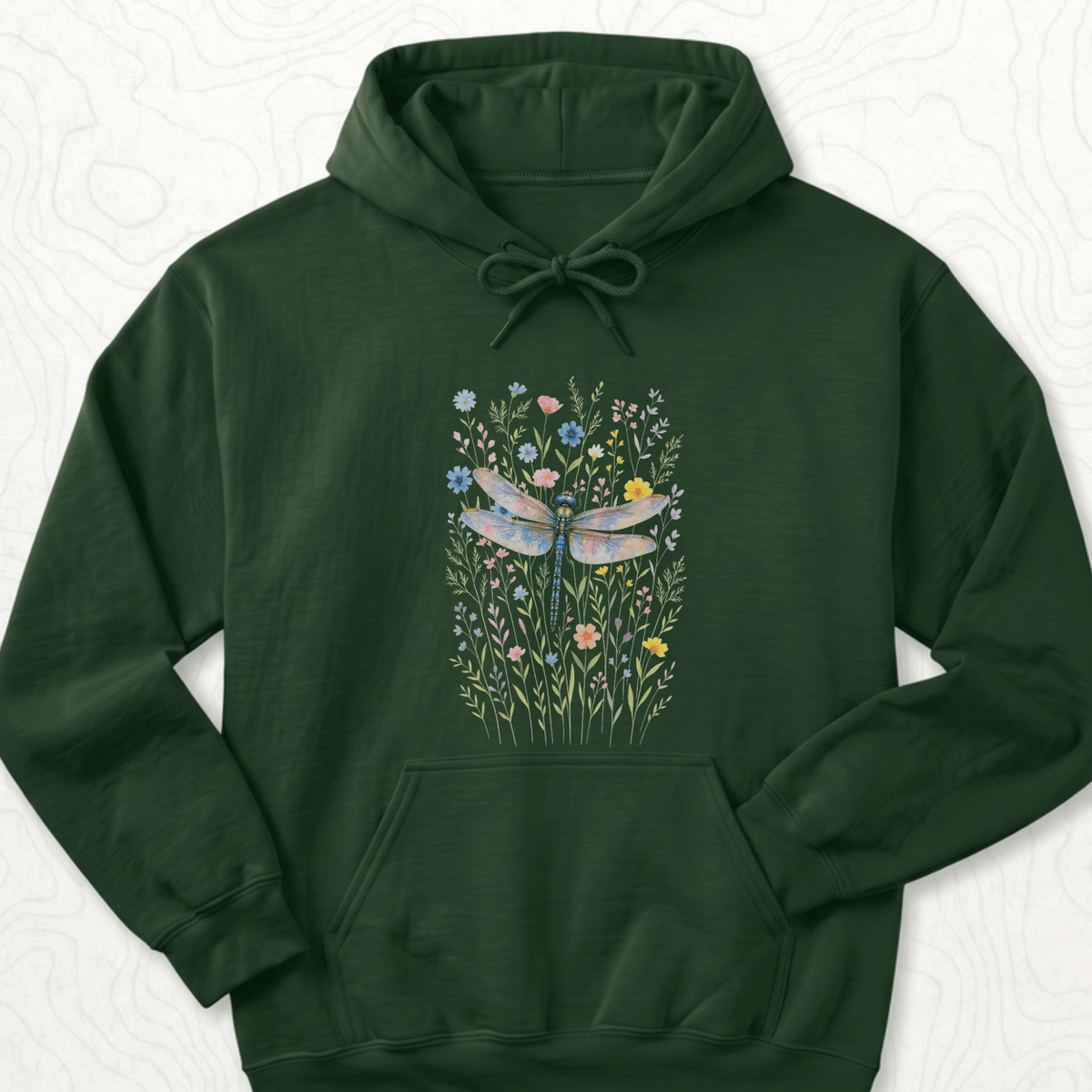 Dragonfly Wildflowers Hoodie - Forest Green