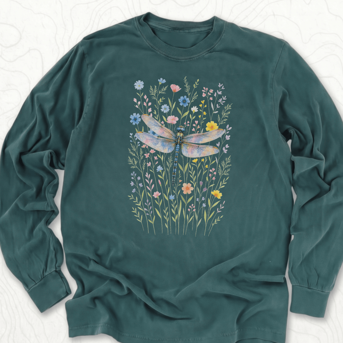 Dragonfly Wildflowers LS T-shirt - Blue Spruce