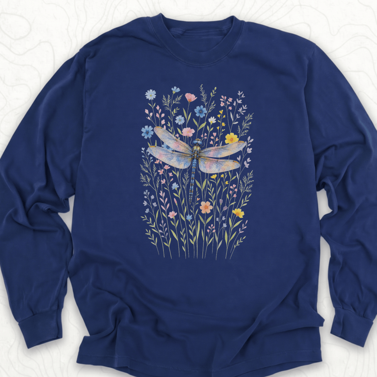 Dragonfly Wildflowers LS T-shirt - True Navy