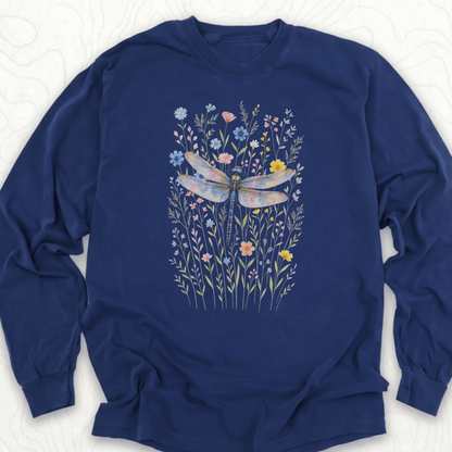 Dragonfly Wildflowers LS T-shirt - True Navy