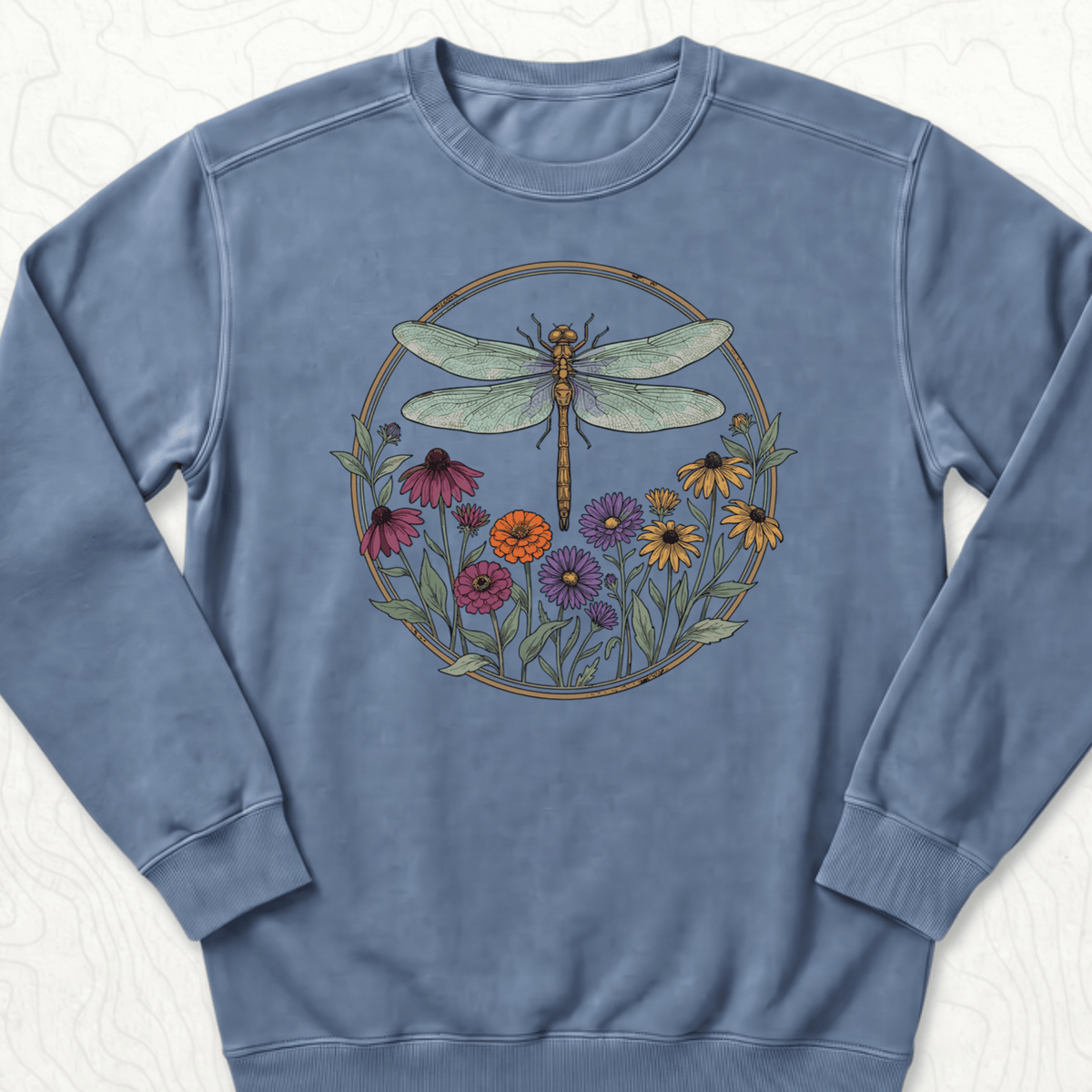 Dragonfly Wildflowers Sweatshirt - Blue Jean